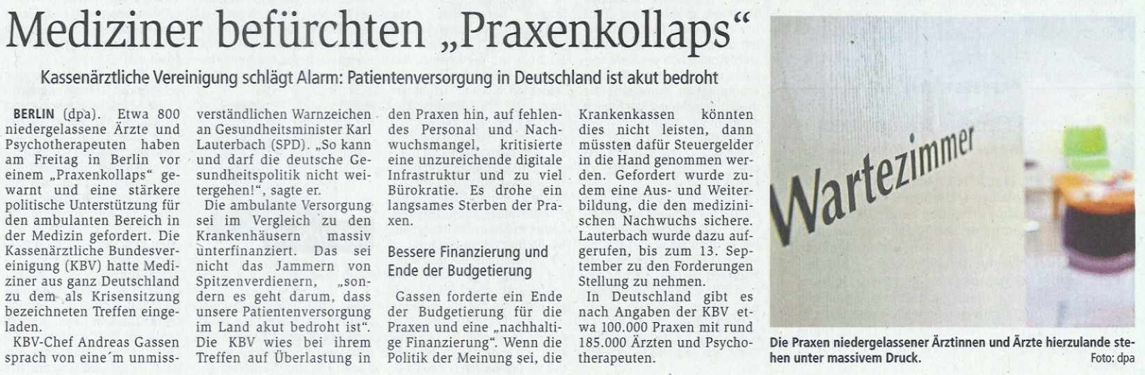 Bild von Artikel: Mediziner befürchten "Praxenkollaps" - Artikel aus dem Weilburger Tageblatt von 19.08.2023